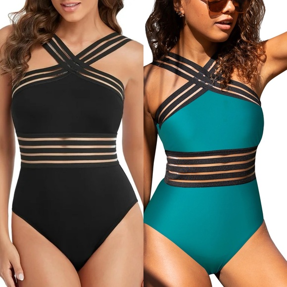 Hilor Bundle of 2 One Piece Crossover Swimsuits - Black and Blue - Picture 2 of 10